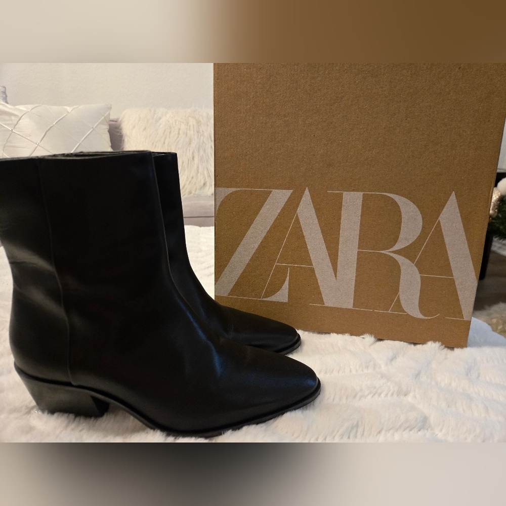 Zara block heel leather ankle boots